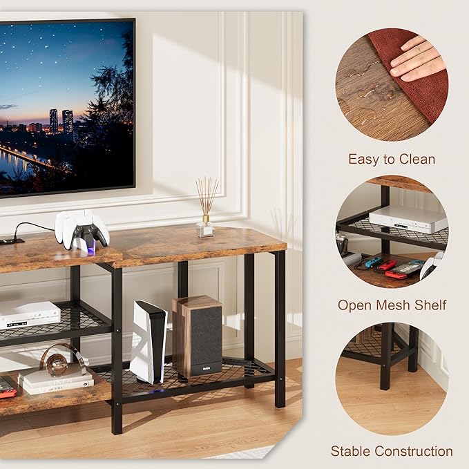 GarveeHome 67 Inch Large TV Stand with LED Lights for 55/65/75 Inch TV, Corner Entertainment Center with Power Outlets, 4 Open Storage Shelves, Media Console for Living Room, Bedroom, Vintage Brown