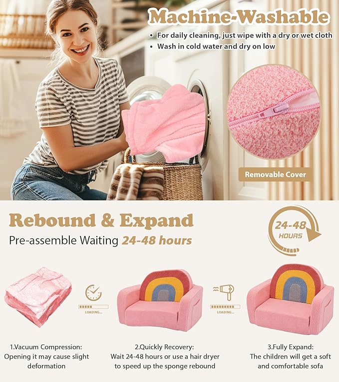 Kids Couch, 2-in-1 Soft Toddler Couch Fold Out with Blanket, Comfy Toddler Chair, Convertible Sofa to Lounger, Convertible Sofa to Lounger, Gifts for Kids Girl Boys, Medium Colorful Pink Rainbow