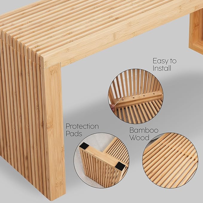 Bamboo Natural 36 inch Wooden Bench, Small Wood Benches for Entryway, Living & Dining Room, Kitchen, Bedroom, Bathroom, Hallway, Front Door, For Indoor & Outdoor Patio Use, Mid Century Modern Decor