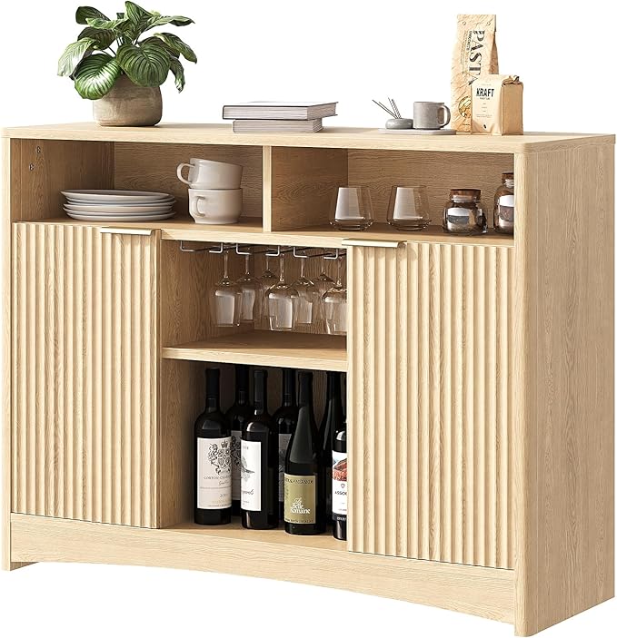 Marsail 47.2" Bar Cabinets with Storage, Modern Buffet Cabinet, Large Sideboard with 2 Fluted Panel Doors, Coffee Bar Cabinet with Adjustable Shelf and Glass Rack for Kitchen, Living Room, Natural Oak