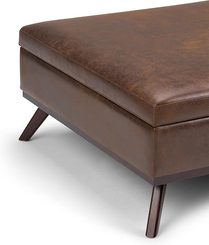 SIMPLIHOME Owen 36 inch Wide Mid Century Modern Square Coffee Table Storage Ottoman in Distressed Chestnut Brown Vegan Faux Leather, Assembled, for the Living Room, Entryway and Family Room