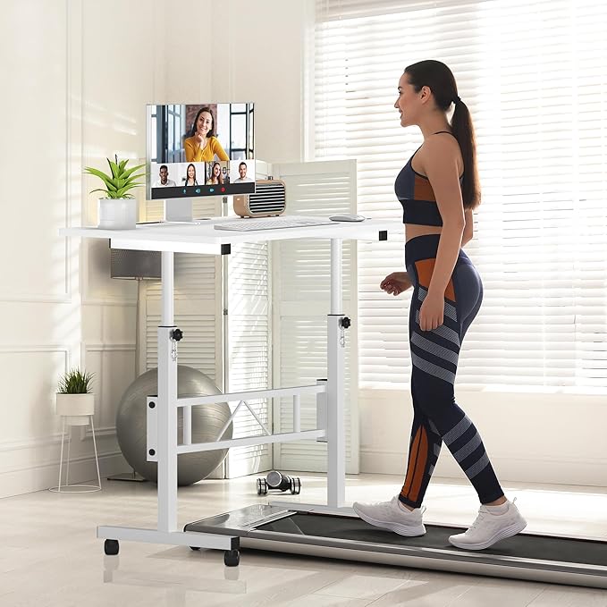 Klvied Small Standing Desk Adjustable Height, Mobile Table with Wheels, Portable Laptop Table, Standing Computer Desk for Walking Pad (White)