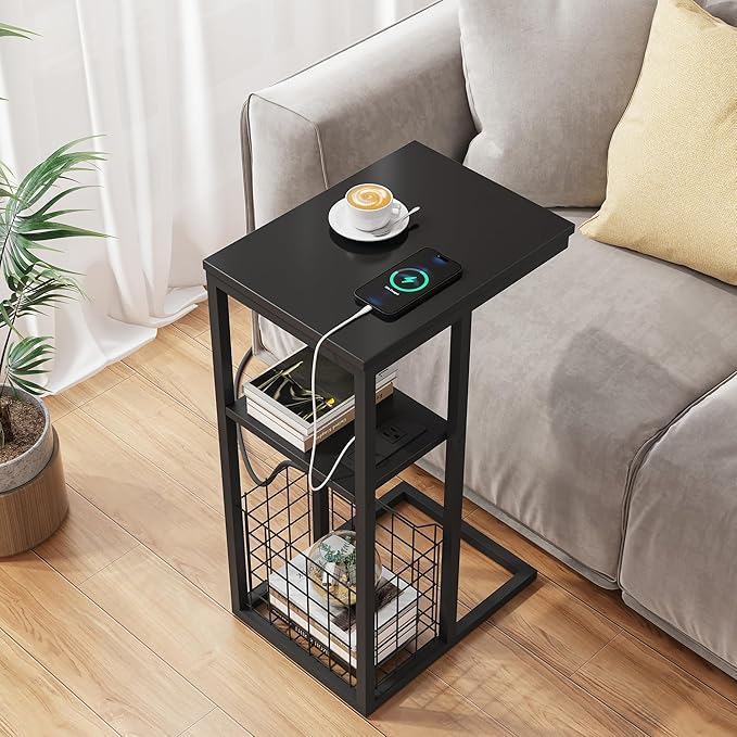 Vagusicc C Shaped End Table with Charging Station, Side Table for Couch, Small Side End Table for Small Spaces, 28" High Slide Under Sofa Table for Coffee, Tv Tray Table for Living Room, Black