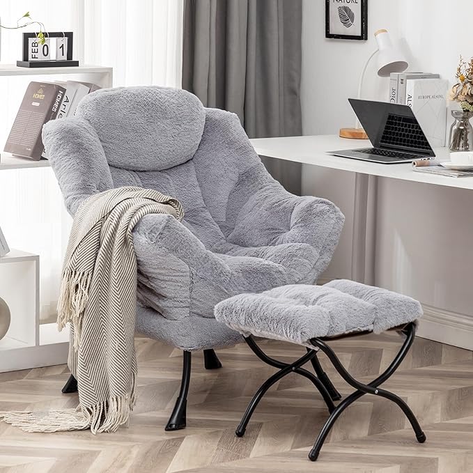 Lazy Chair with Ottoman, Modern Accent Lounge Leisure Sofa with Armrests, Reading Chair and Folding Footstool for Living Room, Bedroom, Office, Plush Grey