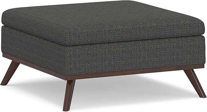 SIMPLIHOME Owen 36 inch Wide Mid Century Modern Square Coffee Table Storage Ottoman in Ebony Tweed Look Fabric, Assembled, for the Living Room, Entryway and Family Room