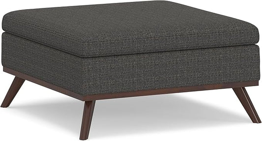 SIMPLIHOME Owen 36 inch Wide Mid Century Modern Square Coffee Table Storage Ottoman in Ebony Tweed Look Fabric, Assembled, for the Living Room, Entryway and Family Room
