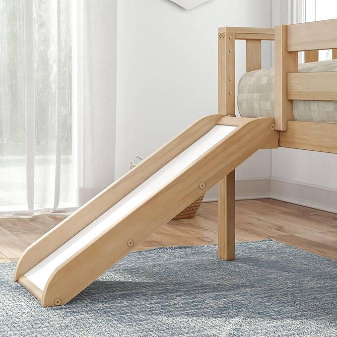Max & Lily Twin Ultra Low Loft Bed with Slide and Climbing Ladder, Solid Wood Bed for Kids, Space Saving Design for Small Rooms, Twin Size Loft Bed with 14 Inch Guardrails, Anti Slip Steps, Blonde