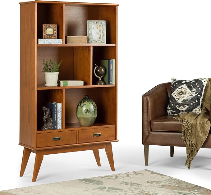 SIMPLIHOME Draper Bookcase - 64 inch Tall Solid Hardwood Wide Storage Bookshelf in Teak Brown, Mid-Century Modern Storage for Living Room, Study Room or Office with Adjustable Shelves and Tapered Legs