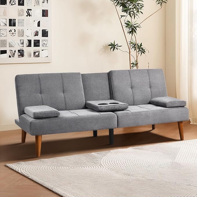 COLAMY Futon Sofa Bed-Fabric Small Couch, Small Lounge Convertible with 2 Cup Holders, Removable Soft Armrest, Adjustable Backrest for Dorm/Bedroom/College