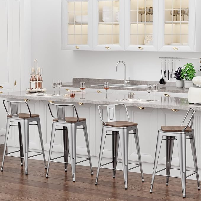 24 Inch Swivel Bar Stools Set of 4 with Backs Counter Height Industrial Metal Barstools Island Bar Chairs for Home Kitchen Dining Room (Swivel 24 inch, Silver Wooden)
