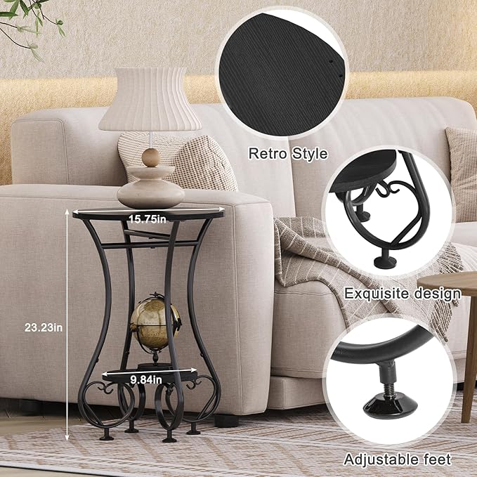 Side Table,Small Round End Table for Small Spaces - Round Bedside Nightstand Table with Metal Frame,Couch Sofa Coffee Table,Retro Accent Table for Living Room Bedroom Balcony,Black,Upgraded Version