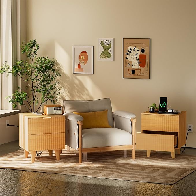 Urban Deco Fluted Nightstand with Charging Station, Mid Century Modern Nightstand, Wooden Side Table with 2 Fluted Drawers, End Table with Solid Wood Legs for Bedroom, 15.4 x 15.4 x 22.8 in (Natural)