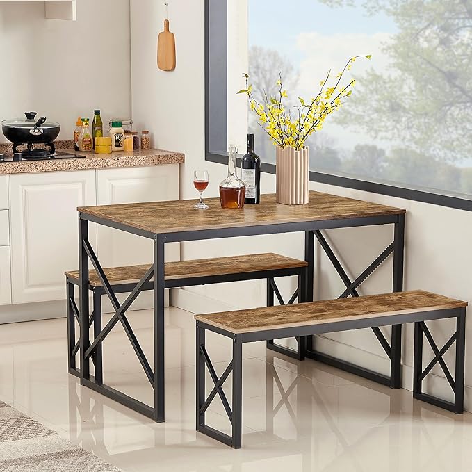VECELO Kitchen Table with 2 Benches for 4, Wood Dining Room Dinette Sets with Metal Frame for Breakfast Nook and Small Space, Brown