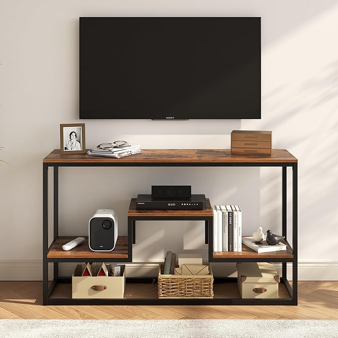 Tall TV Stand for TVs up to 55 Inch, TV Console Table with 3-Tier Open Storage Shelves, Modern Industrial Entertainment Center for Living Room, Bedroom，Rustic Brown
