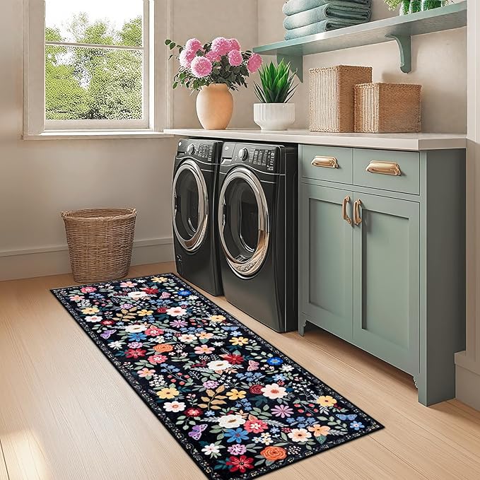 Runner Rug for Entryway: 2x10 Kitchen Rugs Non Slip Washable Ultra-Thin Soft Floral Carpet Indoor Floor Stain Resistant Carpets for Hallway Bedroom Kitchen Laundry Bathroom Dorm Black