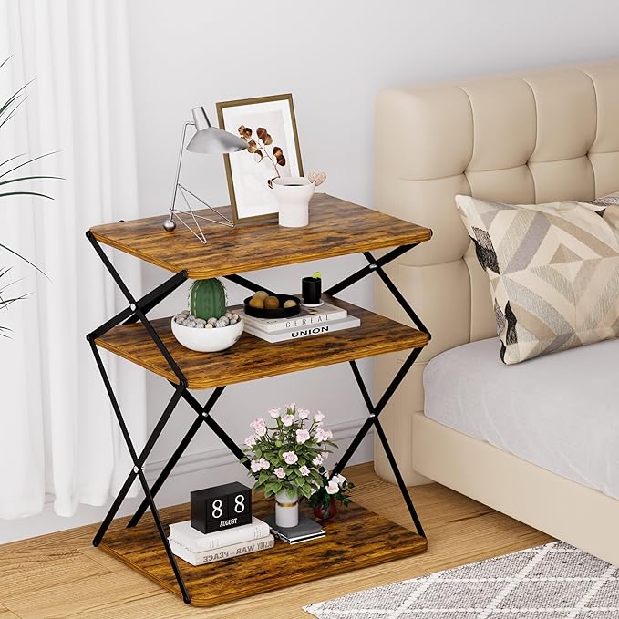 3-Tier End Table Small Side Table Tall Bedside Night Stand with Storage Sofa Side desks for Living Room Bedroom Office Bathroom Small Space Rustic Brown ET-04RB