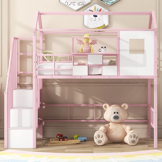 Twin Size Metal Loft Bed with roof Design and a Storage Box,House Shaped Stairway Metal Bedframe w/Guardrail & Roof Design, for Kids Boys Girls Bedroom, Pink