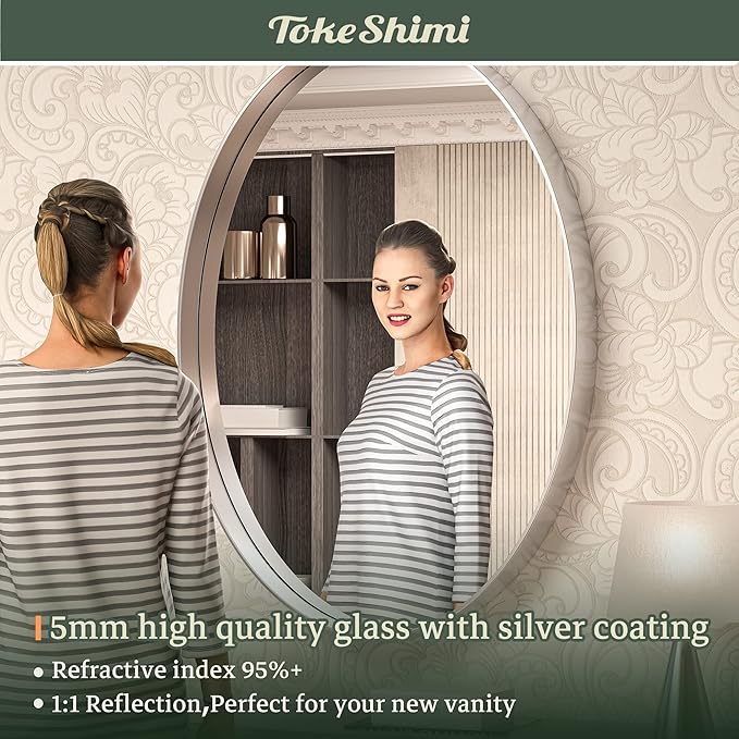 TokeShimi Oval Mirrors for Wall Decor 24x36 Inch with Non-Rusting Aluminum Alloy Brushed Silver Matte Framed Wall Mounted for Bathroom, Entryway, Living Room, Bedroom,Vanity or Horizontal