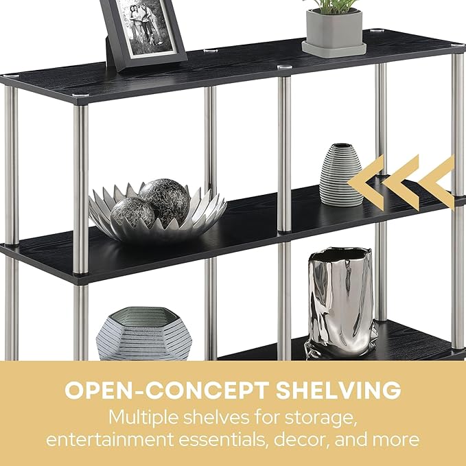 Convenience Concepts Designs2Go No Tools 3 Tier Wide Console Table 42" - Modern Multipurpose Accent with Shelves for TV Media Center, Office Desk Extension, Entryway Display, & Home Storage, Black