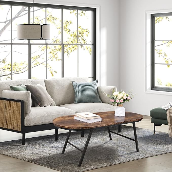 Folding Coffee Table for Living Room Industrial Brown Small Low Table Wooden Foldable Coffee Tables Oval Floor Desk Table for Small Spaces Home Office
