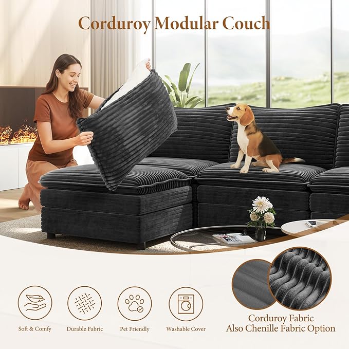 Vesgantti Large Modular Sectional Sofa, Big Comfy Cloud Couch with Ottoman Deep Seat Corduroy Cloud Sofa, 8 Seater Large Sectional Couches for Living Room, Bedroom and Apartment, Gray