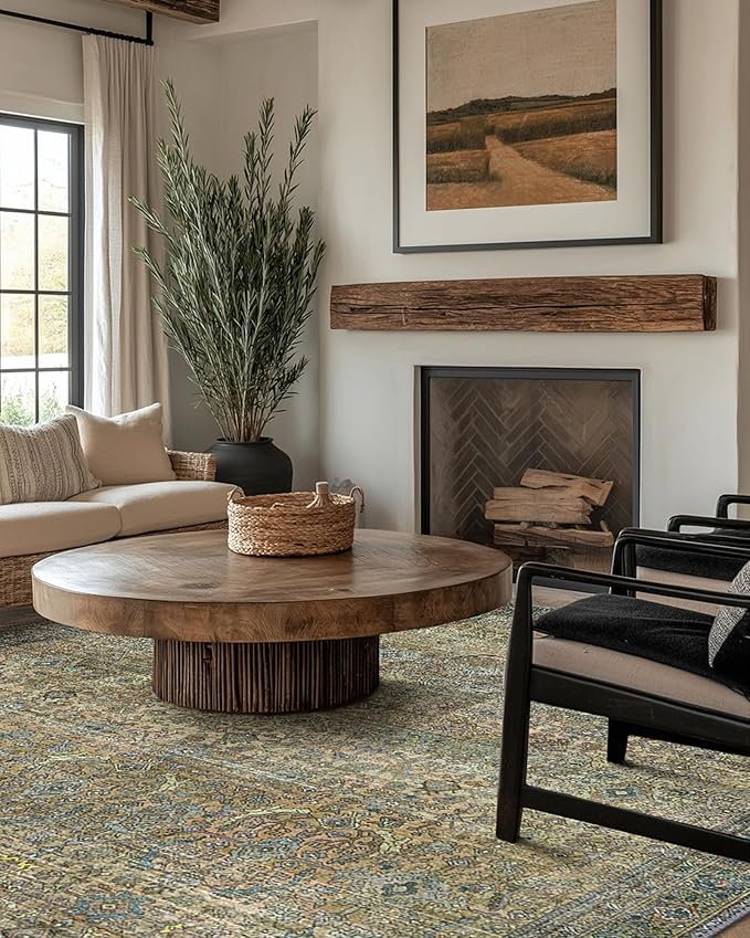 9X12 Area Rugs Machine Washable Rugs for Living Room, Vintage Boho Large Rugs for Bedroom Dining Room, Non Slip Indoor Soft Distressed Lightweight Thin Low Pile Carpet, Vintage Sunset