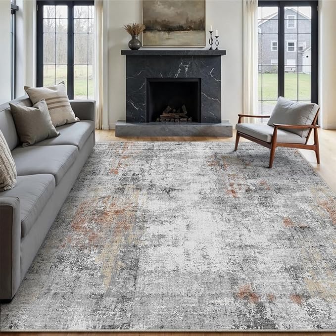 8x10 Washable Area Rug Grey Rust Modern Neutral Abstract Living Room Bedroom Indoor Floor Carpet Low Pile Soft Non-Slip Lightweight Vacuumable Large Throw Rug for Kitchen Dining Room