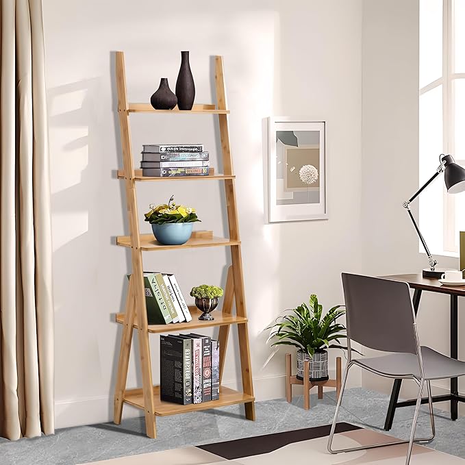 DOUSY- 5-Tier Bamboo Ladder Shelf Ladder Bookshelf Plant & Flower Stand Bookcase, Freestanding Storage Rack Organizer Display Shelf for Living Room, Home Office, Bedroom, Balcony, Natural Wood