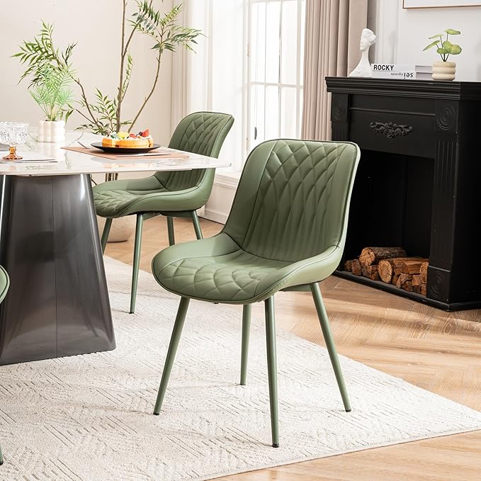 YOUNIKE Dining Chairs Set of 2 with High Backs Mid Century Modern Kitchen & Dining Room Chairs Faux Leather Upholstered Wide Accent Chair Comfortable Padded Living Wating Room Chair Olive Green