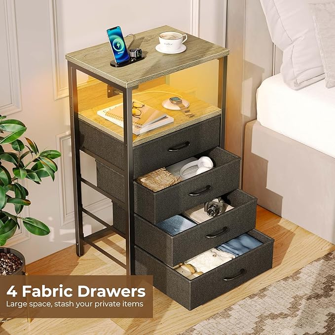Seventable Night Stand with Charging Station, Tall Nightstand with 4 Fabric Storage Drawers, Side Table with LED Light for Bedroom, Entryway, Greige, Set of 2