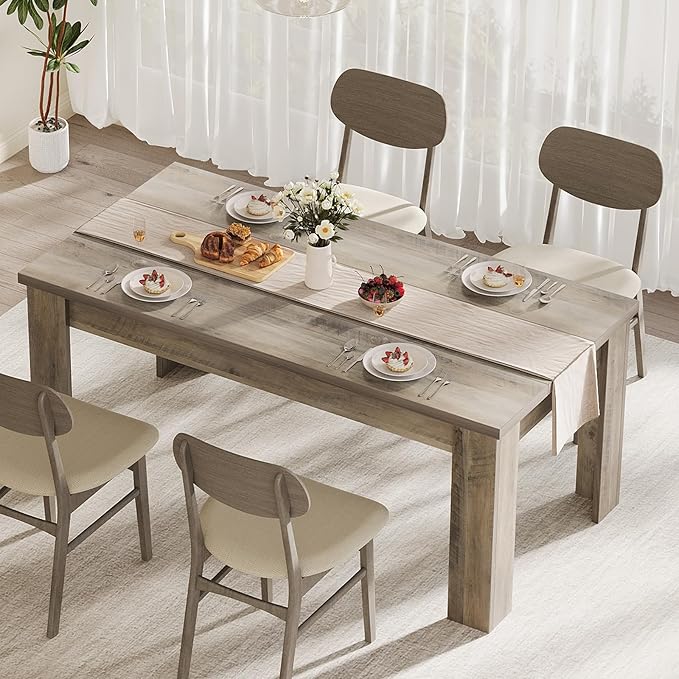 Dining Table for 4-6, 63" Wood Farmhouse Large Kitchen Table with Strong 4 Triangle Legs, Rectangular Dining Room Dinner Table with Sturdy Extra Support for Kitchen, Apartment, Retro Gray