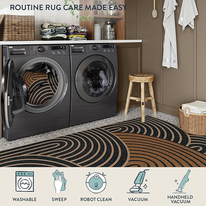 Lahome Modern Rainbow Easy Jute Carpet, Washable Rugs 5x7 for Living Room Black Farmhouse Dining Room Rug, Contemporary Natural Throw Mat Non Slip Floor Carpet for Office RV Patio