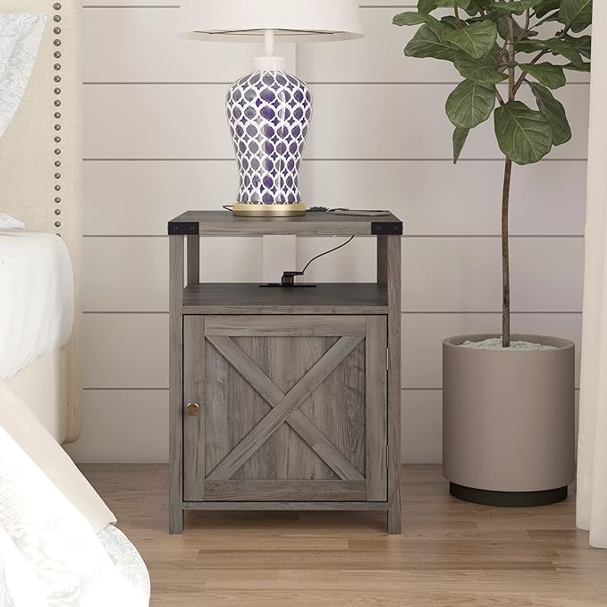 Farmhouse Nightstand with Charging Station, Rustic End Table Bedroom with Storage Living Room Side Table Grey Night Stand Industrial Bedside Bed Table with USB Ports and Outlets
