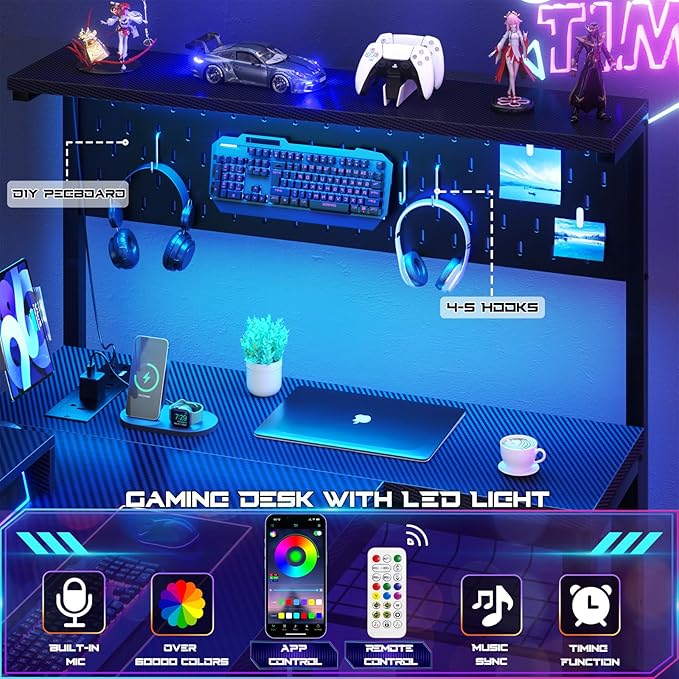 Homieasy Small Gaming Desk with Power Outlets Pegboard LED Light, 51 Inch L Shaped Computer Desk with Monitor Stand Storage Shelves, Reversible Corner Desk with Headset Hooks, Carbon Fiber Black