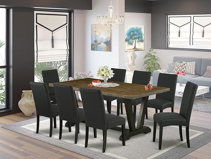East West Furniture V677DR124-9 9 Piece Dining Set Includes a Rectangle Dining Room Table with V-Legs and 8 Black Color Linen Fabric Upholstered Parson Chairs, 40x72 Inch, Multi-Color