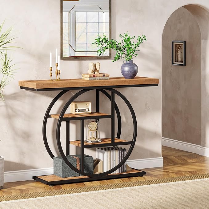 Tribesigns 41.3" Console Table, Industrial 4-Tier Sofa Table Entryway Table with Circle Base, Narrow Wood Accent Tables with Storage Shelves for Living Room, Hallway, Foyer, Light Brown