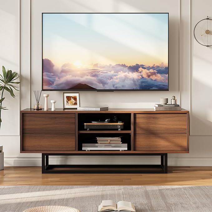 HAIOOU TV Stand for 50 55 Inch TV, Modern TV Console Small Entertainment Center with Sturdy Metal Base, Push-to-Open Doors and Soft-Close Hinges for Living Room, Bedroom - Walnut Brown