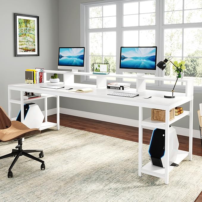Tribesigns Two Person Desk with Monitor Stand, 78.74" Long Double Computer Office Desk with Storage Shelves, Large Gaming Desk Study Writing Table Workstation for Home Office (White)