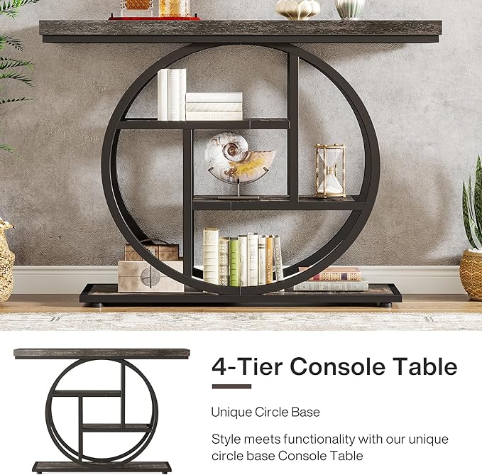 Tribesigns 41.3" Console Table, Industrial 4-Tier Sofa Table Entryway Table with Circle Base, Narrow Wood Accent Tables with Storage Shelves for Living Room, Hallway, Foyer, Charcoal Black