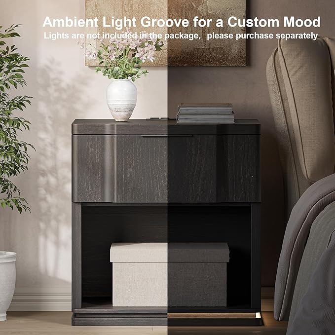 Nightstand with Charging Station, Wooden Curved Night Stand Bedside Tables with Storage Shelf & Drawer, Large Mid Century Modern Accent End Table for Bedroom Living Room Office