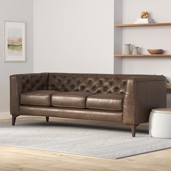 POLY & BARK Essex Leather Couch - 89-Inch Sofa with Tufted Back - Full-Grain Leather Sofa for Living Room with Feather-Down Topper - Living Room Couch - Vintage Italian Leather in Cocoa Brown