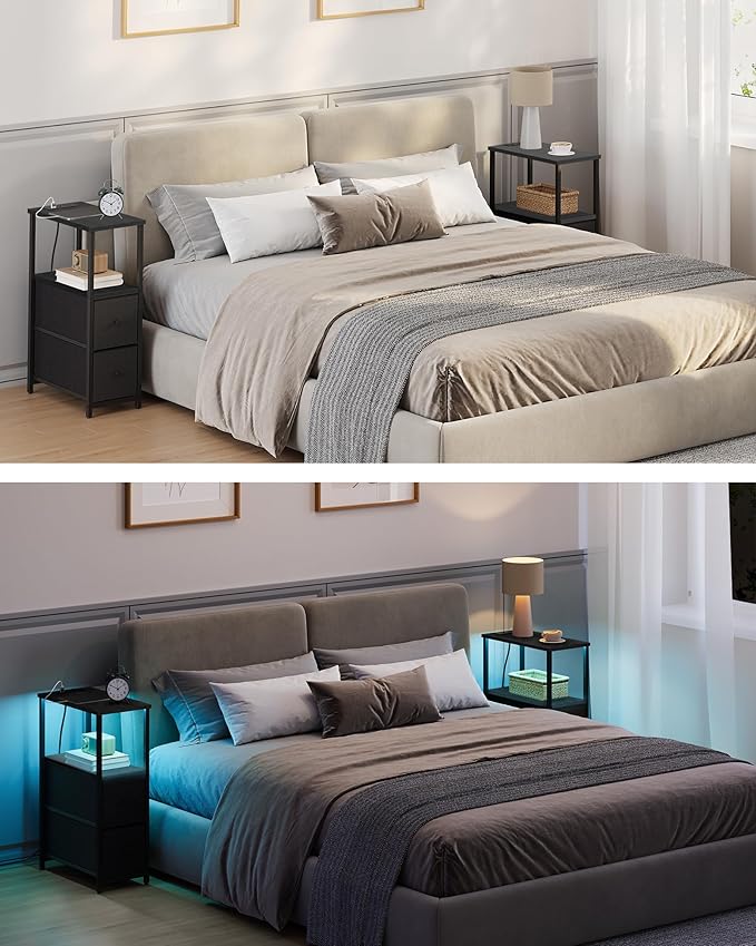 TUTOTAK Small Narrow LED End Table with Charging Station, Side Table Outlets, Nightstand with 2 Cloth Drawers, Set of 2, Couch Table, for Living Room, Bedroom, Bedside, Black TB01BK056