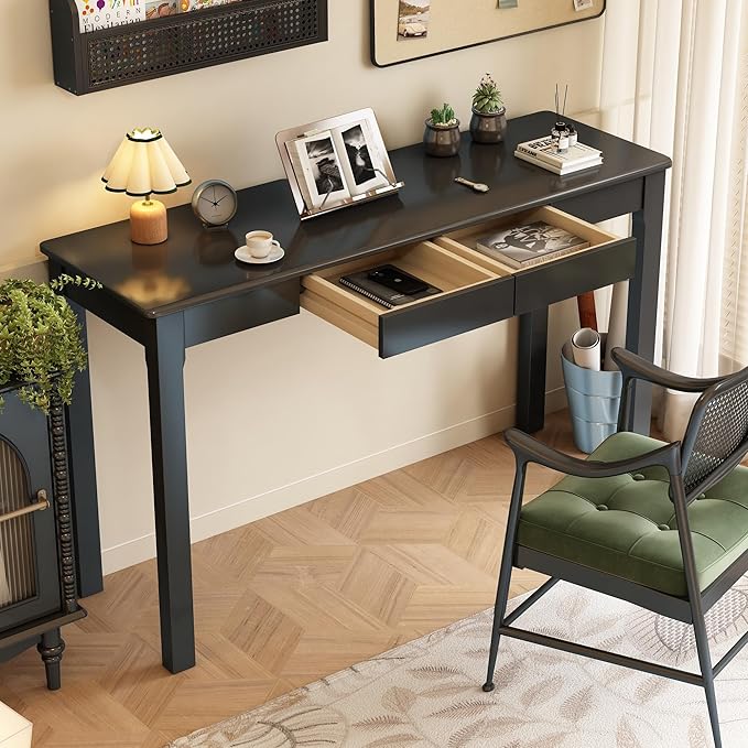 Solid Wood Desk with Drawers - 47 x 16 Inch Modern Narrow Desks, Rubber Wood Study Table, Small Writing Desk for Small Spaces|Bedroom - Black Desks