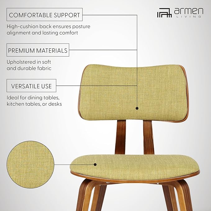 Armen Living Jaguar Mid-Century Dining Chair in Walnut Wood and Green Fabric - Set of 2
