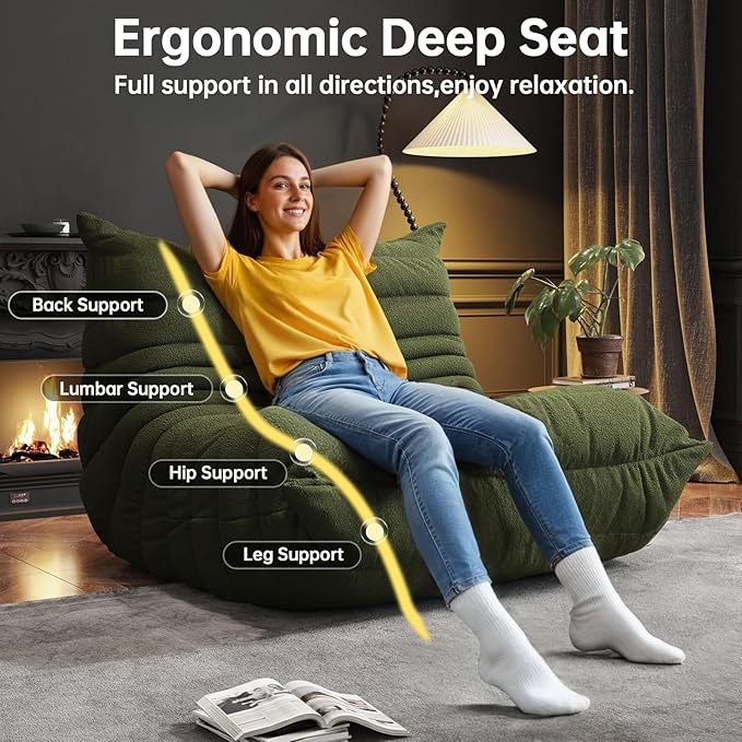 Bean Bag Chairs for Adults, BeanBag Reading Chair Memory Foam Couch, Floor Chair Soft Teddy Material, Comfy Reading Nook Chairs for Bedroom Living Room Office (Green)