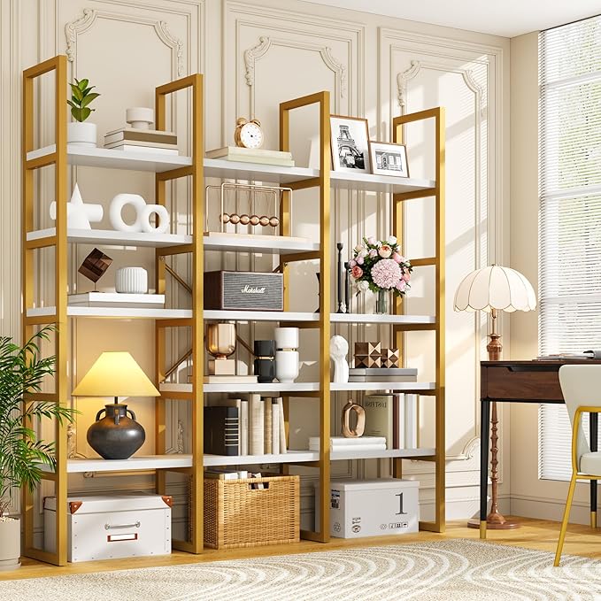 Semoic Large Bookshelf 5 Tiers, Triple Wide Geometric Bookcase, 71 Inches Tall Industrial Book Shelves Etagere Book Case, Sturdy Metal Frame, Freestanding Display Shelving Unit (Gold and White)