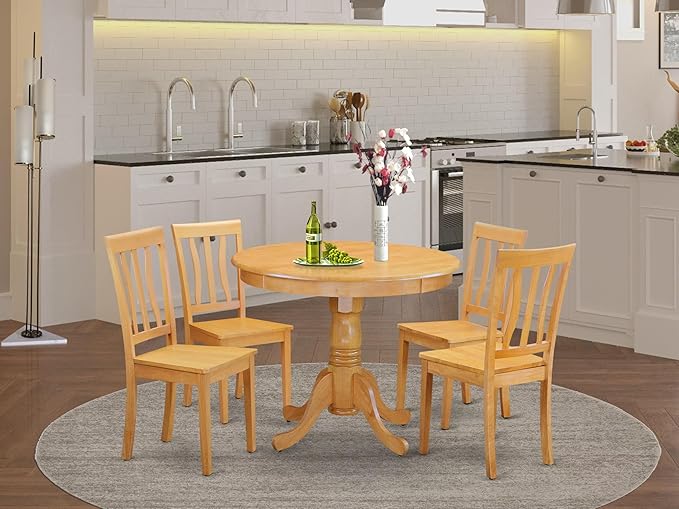 East West Furniture ANTI5-OAK-W 5 Piece Dining Room Table Set Includes a Round Wooden Table with Pedestal and 4 Kitchen Dining Chairs, 36x36 Inch, Oak