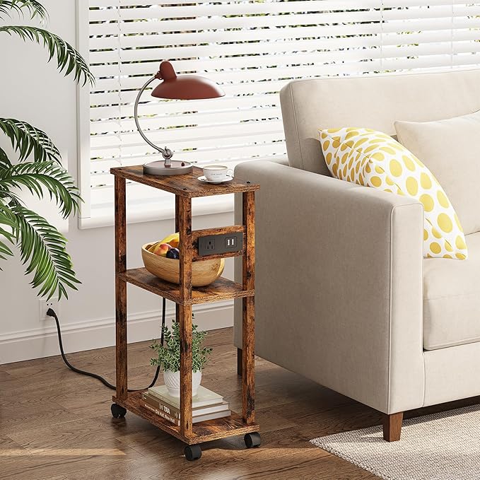 TUTOTAK Small Narrow Side Table with Charging Station, Skinny End Table for Small Spaces, Slim Nightstand with USB Ports and Outlet, Sofa Beside Table with Wheels, Rustic Brown TB01BB047C