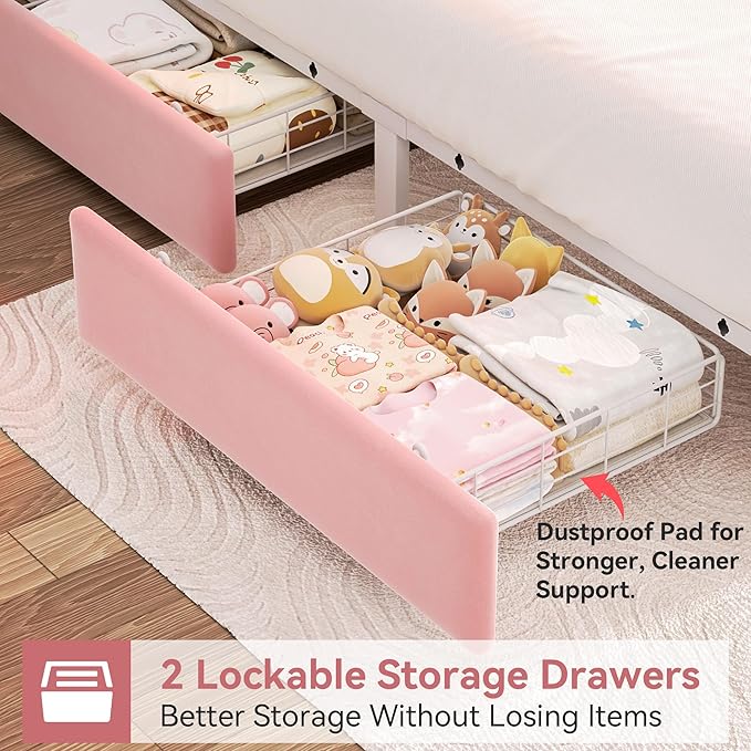 Queen Upholstered LED Bed Frame with 2 Storage Drawers and 2-Tier Storage Headboard,Velvet Princess Platform Bed with Charging Station & Bookcase, Corner Bed Frame, Heavy Duty Metal Support, Pink