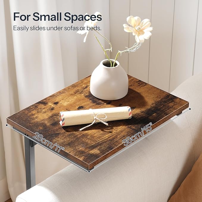 HOOBRO C Shaped End Table, Adjustable Height Side Table for Sofa, Couch Table for Small Space, Slide Under Small Tray Side Table for Living Room, Bedroom, Rustic Brown and Black BF71SF01